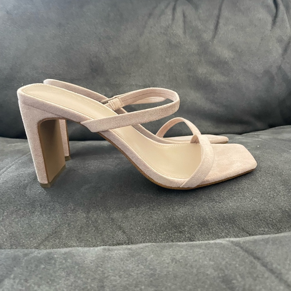 The Drop Beige Strappy Block Heels